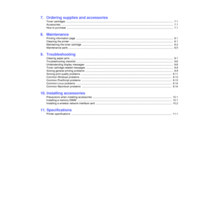 Page 6
7.  Ordering supplies and accessories
Toner cartridges  ......................................................................................................................................................  7.1
Accessories ................................................................................................................... ..........................................  7.1
How to purchase...