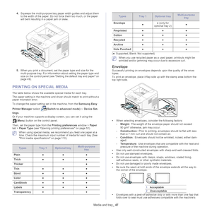 Page 47Media and tray_ 47
4.Squeeze the multi-purpose tray pa per width guides and adjust them 
to the width of the paper. Do not  force them too much, or the paper 
will bent resulting in a paper jam or skew.
5. When you print a document, set the paper type and size for the 
multi-purpose tray. For informati on about setting the paper type and 
size on the control panel (see  Setting the default tray and paper on 
page  49).
PRINTING ON SPECIAL MEDIA
The table below shows the available special media for each...