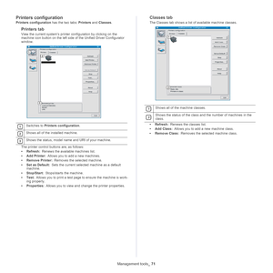 Page 71Management tools_ 71
Printers configuration
Printers configuration has the two tabs: Printers and Classes .
Printers tab
View the current system’s printer  configuration by clicking on the 
machine icon button on the left side of the Unified Driver Configurator 
window.
 
1Switches to  Printers configuration .
 
2Shows all of the installed machine.
 
3Shows the status, model name  and URI of your machine.
The printer control buttons are, as follows:
•Refre sh: R
 enews the available machines list.
• Add...