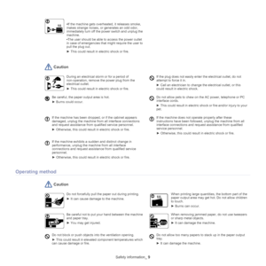 Page 9Safety information_ 9
 Caution
During an electrical storm or for a period of 
non-operation, remove the power plug from the 
elec
trical outlet. 
►  This could result in electric shock or fire. If the plug does not easily ente r the electrical outlet, do not 
attempt to force it in. 
►  Call an electrician to change the electrical outlet, or this 
could result in electric shock.
Be careful, the paper output area is hot. 
►  Burns could occur. Do not allow pets to chew on the AC power, telephone or PC...