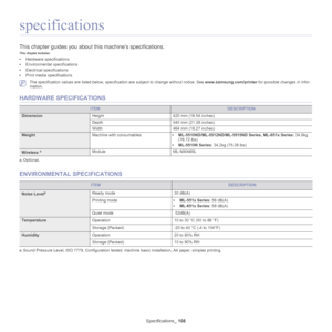 Page 108Specifications_ 108
specifications
This chapter guides you about th is machine’s specifications.
This chapter includes:
•Hardware specifications
• Environmental specifications
• Electrical specifications
• Print media specifications
 The specification values are listed below, specific ation are subject to change without notice. See www.samsung.com/printer  for possible changes in infor-
mation.
HARDWARE SPECIFICATIONS
ITEMDESCRIPTION
Dimension Height 420 mm (16.54 inches)
Depth 540 mm (21.28 inches)...