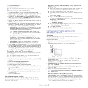 Page 38Network setup_ 38
3.Click the  Firewall menu.
4. Turn the firewall off.
 The following instructions may vary for your model.
Perform the following to configure the IP address:
1. Con nect your machine and the computer using network cable.
2. Insert  the Installation CD-ROM, and open the disk window. Open the 
MAC_Ins
 taller > MAC_Printer  > SetIP  > SetIPApplet.html .
3. Double click the file and  Saf
 ari will automatically open, then select 
Trust . The browser will open the  SetIPApplet.html page...