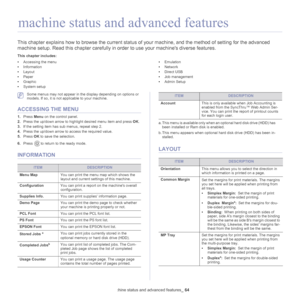 Page 64Machine status and advanced features_ 64
8.machine status and advanced features
This chapter explains how to browse the current status of your machine, and the method of  setting for the advanced 
machine setup. Read this chapter carefully in order to use your machines diverse features.
This chapter includes:
• Accessing the menu
• Information
• Layout
• Paper
• Graphic
• System setup   •
Emulation
• Network
• Direct USB
• Job management
• Admin Setup
  
 Some menus may not appear in the display...