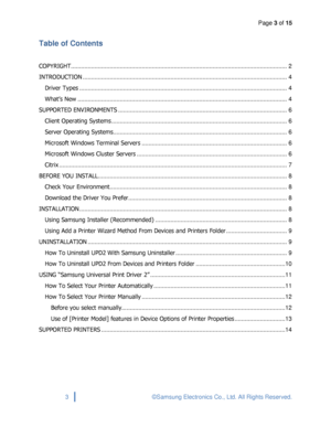 Page 3Page 3 of 15 
 
3 © Samsung Electronics Co., Ltd. All Rights Reserved. 
 
Table of Contents 
 
COPYRIGHT ................................................................................................................................ 2 
INTRODUCTION ......................................................................................................................... 4 
Driver Types...