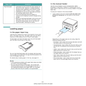 Page 26Loading original documents and paper
3.5
Loading paper
In the paper input tray
Load the print material you use for the majority of your print 
jobs in the paper input tray. The paper input tray can hold a 
maximum of 250 sheets of 20 lb (
75 g/m2) plain paper. 
To load paper, pull open the paper input tray and load paper 
with the side to be printed on face down.
You can load letterhead paper with the design side face down. 
The top edge of the sheet with the l o g o  s h o u l d  be  p l a c e d a t  t...