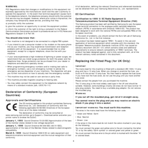 Page 98
WARNING:
FCC Regulations state that changes or modifications to this equipment not 
expressly approved by the manufacturer could void the user’s authority to 
operate this equipment. In the event that terminal equipment causes harm 
to the telephone network, the telephone company should notify the customer 
that service may be stopped. However, where prior notice is impractical, the 
company may temporarily cease service, providing that they:
a) promptly notify the customer.
b) give the customer an...