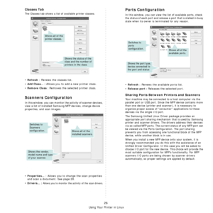 Page 81Using Your Printer in Linux
26
Classes Tab
The Classes tab shows a list of available printer classes.
•Refresh : Renews the classes list.
•
Add Class... : Allows you to add a new printer class.
•
Remove Class : Removes the selected printer class.
Scanners Configuration
In this window, you can monitor the activity of scanner devices, 
view a list of installed Samsung MFP devices, change device 
properties, and scan images.
•Properties... : Allows you to change the scan properties 
and scan a document. See...