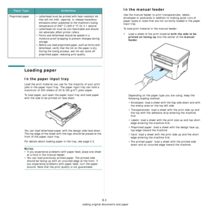 Page 29Loading original documents and paper
3.5
Loading paper
In the paper input tray
Load the print material you use for the majority of your print 
jobs in the paper input tray. The paper input tray can hold a 
maximum of 250 sheets of 20 lb (
80 g/m2) plain paper. 
To load paper, pull open the paper input tray and load paper 
with the side to be printed on face down.
You can load letterhead paper with the design side face down. 
The top edge of the sheet with the l o g o  s h o u l d  be  p l a c e d a t  t...