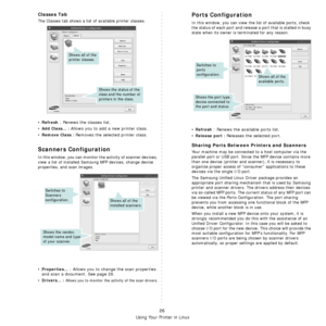 Page 86Using Your Printer in Linux
26
Classes Tab
The Classes tab shows a list of available printer classes.
•Refresh : Renews the classes list.
•
Add Class... : Allows you to add a new printer class.
•
Remove Class : Removes the selected printer class.
Scanners Configuration
In this window, you can monitor the activity of scanner devices, 
view a list of installed Samsung MFP devices, change device 
properties, and scan images.
•Properties... : Allows you to change the scan properties 
and scan a document. See...