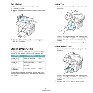 Page 63Troubleshooting
9.2
Exit Misfeed
1Remove any remaining page(s) from the ADF.
2Open the ADF cover.
3Remove the misfed documents from the document output 
tray.
4Close the ADF cover. Then load the removed page(s), if 
any, back into the ADF.
Clearing Paper Jams
When a paper jam occurs, “Paper Jam” appears on the display. 
Refer to the table below to locate and clear the paper jam.
To avoid tearing the paper, pull out the jammed paper gently 
and slowly. Follow the instructions in the following sections to...