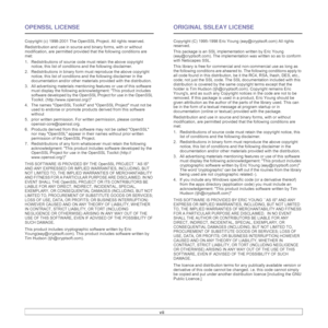 Page 14vii
OPENSSL LICENSE
Copyright (c) 1998-2001 The OpenSSL Project. All rights reserved.
Redistribution and use in source and binary forms, with or without 
modification, are permitted provided that the following conditions are 
met:
1. Redistributions of source code must retain the above copyright 
notice, this list of conditions and the following disclaimer. 
2. Redistributions in binary form must reproduce the above copyright 
notice, this list of conditions and the following disclaimer in the...