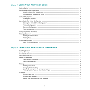 Page 713
Chapter 7: USING YOUR PRINTER IN LINUX
Getting Started  .....................................................................................................................  28
Installing the Unified Linux Driver  ............................................................................................ 28
Installing the Unified Linux Driver  ...................................................................................  28
Uninstalling the Unified Linux Driver...