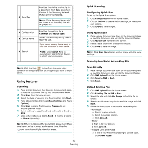 Page 107Scanning
24
NOTE: Click the Help ( ) button from the upper-right 
corner of the window and click on any option you want to know 
about. 
Using features
Scanning
1Place a single document face down on the document glass, 
or load the documents face up into the document feeder.
2Click Scan from the home screen.
3Select the type of scanning or a favorites then click Start.
4Make adjustments to the image (Scan Settings and More 
Options
).
5Click Scan to scan a final image or Prescan to get 
another preview...