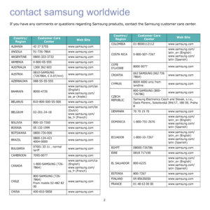 Page 32
contact samsung worldwide
If you have any comments or questions regarding Samsung products, contact the Samsung customer care center.
 
Country/
RegionCustomer Care 
Center Web Site
ALBANIA 42 27 5755 www.samsung.com
ANGOLA 91-726-7864 www.samsung.com
ARGENTINE 0800-333-3733 www.samsung.com
ARMENIA 0-800-05-555 www.samsung.com
AUSTRALIA 1300 362 603 www.samsung.com
AUSTRIA0810-SAMSUNG 
(7267864, € 0.07/min)www.samsung.com
AZERBAIJAN 088-55-55-555 www.samsung.com
BAHRAIN 8000-4726www.samsung.com/ae...
