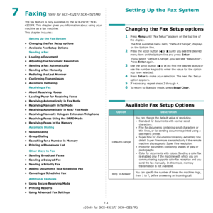 Page 41Faxing (Only for SCX-4521F/ SCX-4521FR)7.1
7Faxing (Only for SCX-4521F/ SCX-4521FR)
The fax feature is only available on the SCX-4521F/ SCX-
4521FR. This chapter gives you information about using your 
machine as a fax machine. 
This chapter includes:
Setting Up the Fax System
• Changing the Fax Setup options
• Available Fax Setup Options
Sending a Fax
• Loading a Document
• Adjusting the Document Resolution
• Sending a Fax Automatically
• Sending a Fax Manually
• Redialing the Last Number
• Confirming...