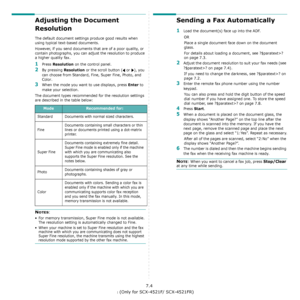 Page 44Faxing (Only for SCX-4521F/ SCX-4521FR)7.4
Adjusting the Document 
Resolution
The default document settings produce good results when 
using typical text-based documents.
However, if you send documents that are of a poor quality, or 
contain photographs, you can adjust the resolution to produce 
a higher quality fax.
1Press Resolution on the control panel. 
2By pressing Resolution or the scroll button (  or  ), you 
can choose from Standard, Fine, Super Fine, Photo, and 
Color.
3When the mode you want to...