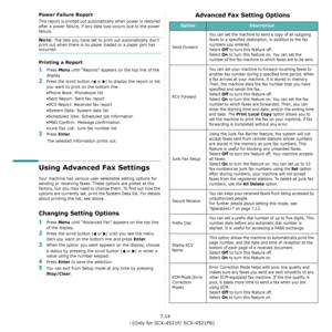 Page 54Faxing (Only for SCX-4521F/ SCX-4521FR)7.14
Power Failure Report
This report is printed out automatically when power is restored 
after a power failure, if any data loss occurs due to the power 
failure. 
NOTE: The lists you have set to print out automatically don’t 
print out when there is no paper loaded or a paper jam has 
occurred.
Printing a Report
1Press Menu until “Reports” appears on the top line of the 
display. 
2Press the scroll button (  or  ) to display the report or list 
you want to print...
