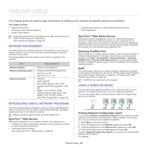 Page 35Network setup_ 35
4.network setup
This chapter gives you step-by-step instructions for setting up the network connected machine and software.
This chapter includes:
•Network environment
• Introducing useful network programs
• Using a wired network •
Installing wired network or USB connected machine’s driver
• IPv6 Configuration
  
 Supported optional devices and features may differ according to your 
model. Please check your model name. 
(See  Features by Models on page  23).
NETWORK ENVIRONMENT
•...