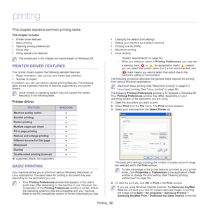 Page 52Printing_ 52
7.printing
This chapter explains common printing tasks.
This chapter includes:
•Printer driver features
• Basic printing
• Opening printing preferences
• Using help
• Using special print features •
Changing the default print settings
• Setting your machine as a default machine
• Printing to a file (PRN)
• Macintosh printing
• Linux printing
  
 The procedures in this chapter are mainly based on Windows XP.
PRINTER DRIVER FEATURES
Your printer drivers support the following standard features:...