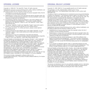 Page 11iv
OPENSSL LICENSE
Copyright (c) 1998-2001 The OpenSSL Project. All rights reserved.
Redistribution and use in source and binary forms, with or without modification, are 
permitted provided that the following conditions are met:
1. Redistributions of source code must retain the above copyright notice, this list 
of conditions and the following disclaimer. 
2. Redistributions in binary form must reproduce the above copyright notice, this 
list of conditions and the following disclaimer in the...