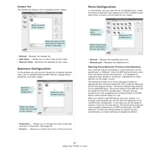 Page 109Using Your Printer in Linux
32
Classes Tab
The Classes tab shows a list of available printer classes.
•Refresh : Renews the classes list.
•
Add Class... : Allows you to add a new printer class.
•
Remove Class : Removes the selected printer class.
Scanners Configuration
In this window, you can monitor the activity of scanner devices, 
view a list of installed Samsung MFP devices, change device 
properties, and scan images.
•Properties... : Allows you to change the scan properties 
and scan a document. See...