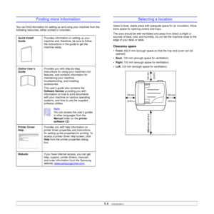 Page 16
1.4   
Finding more information
You can find information for setting up and using your machine from the 
following resources, either printed or onscreen.
Quick Install 
Guide Provides information on setting up your 
machine and, therefore, be sure to follow 
the instructions in the guide to get the 
machine ready.
Online User’s 
Guide Provides you with step-by-step 
instructions for using your machine’s full 
features, and contains information for 
maintaining your machine, 
troubleshooting, and...