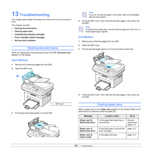 Page 59
13.1   
13 Troubleshooting
This chapter gives helpful information for what to do if you encounter an 
error.
This chapter includes:
• Clearing document jams
• Clearing paper jams
• Understanding display messages
• Toner cartridge-related messages
• Solving other problems
Clearing document jams
When an original jams while passing through the ADF,  Document Jam 
appears on the display.
Input Misfeed
1 Remove any remaining pages from the ADF.
2 Open the ADF cover.
3 Pull the jammed paper gently out of the...