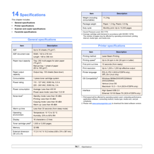 Page 73
14.1   
14 Specifications
This chapter includes:
• General specifications
• Printer specifications
• Scanner and copier specifications
• Facsimile specifications
General specifications
ItemDescription
ADF
Up to 30 sheets (75 g/m2)
ADF document size 
Width: 142 to 216 mm
Length: 148 to 356 mm
Paper input capacity
Tray: 250 multi-pages for plain paper 
(75 g/m2)
Manual tray: 1 sheet of paper 
(60 to 165 g/m
2)
Paper output 
capacity
Output tray: 100 sheets (face down)
Consumables
1-piece toner cartridge...