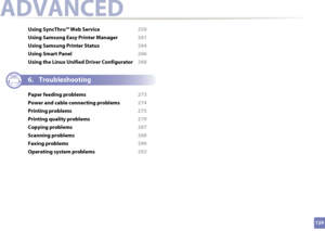 Page 129129
ADVANCED
Using SyncThru™ Web Service 258
Using Samsung Easy Printer Manager  261
Using Samsung Printer Status  264
Using Smart Panel  266
Using the Linux Unified Driver Configurator  268
6. Troubleshooting
Paper feeding problems 273
Power and cable connecting problems  274
Printing problems  275
Printing quality problems  279
Copying problems  287
Scanning problems  288
Faxing problems  290
Operating system problems  292
Downloaded From ManualsPrinter.com Manuals 
