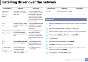 Page 144Installing driver over the network
1442.  Using a Network-Connected Machine
7 
Macintosh
1Make sure that the machine is connected to your network and powered 
on.
2 Insert the supplied software CD  into your CD-ROM drive.
3 Double-click the CD-ROM icon that appears on your Macintosh desktop.
4 Double-click the MAC_Installer folder >  Installer OS X icon.
5  Click Continue .
6 Read the license agreement and click  Continue.
7 Click Agree  to agree to the  license agreement.
8 When the message which warns...