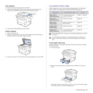 Page 57
Troubleshooting_57
Exit misfeed
1.Remove any remaining pages from the ADF.
2. Seize the misfeed paper, and remove the paper from the document 
output tray by carefully pulling it to the right using both hands.
3. Load the removed pages back into the ADF.
Roller misfeed
1.Open the scanner lid.
2. Seize the misfeed paper, and remove the paper from the feed area by 
carefully pulling it to the right using both hands.
3. Close the scanner lid. Then load the removed pages back into the ADF.
CLEARING PAPER...