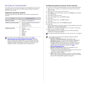 Page 2424 _Getting started
SETTING UP THE NETWORK
You need to set up the network protocols on the machine to use it as your 
network printer. You can set up the basic network settings through the 
machines control panel.
Supported operating systems
The following table shows the network environments supported by the 
machine:
Configuring network protocol via the machine
You can set up TCP/IP network parameters, follow the steps listed below. 
1.Make sure your machine is connected to the network with an RJ-45...