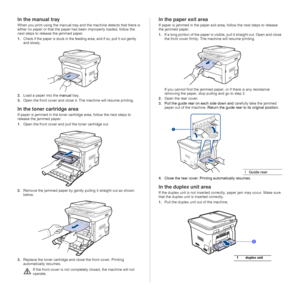 Page 6666 _Troubleshooting
In the manual tray
When you print using the manual tray and the machine detects that there is 
either no paper or that the paper has been improperly loaded, follow the 
next steps to release the jammed paper.
1.Check if the paper is stuck in the feeding area, and if so, pull it out gently 
and slowly.
2.Load a paper into the manual tray.
3.Open the front cover and close it. The machine will resume printing.
In the toner cartridge area
If paper is jammed in the toner cartridge area,...