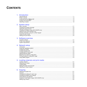 Page 4
CONTENTS
1.  Introduction
Special features  ...................................................................................................................................................... 1.1
Printer overview  .............................................................................................................. ........................................ 1.2
Understanding the  Status LED...