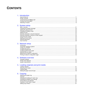 Page 5CONTENTS
1.  Introduction
Special features  ...................................................................................................................................................... 1.1
Printer overview  ...................................................................................................................................................... 1.2
Understanding the Status LED...