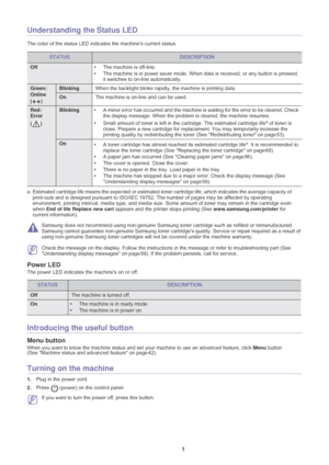 Page 22Introduction_ 21
Understanding the Status LED
The color of the status LED indica tes the machines current status.
 
Samsung does not recommend using non-genuine Samsung toner  cartridge such as refilled or remanufactured. 
Samsung cannot guarantee non-genuine Samsung toner cartridges qual ity. Service or repair required as a result of 
using non-genuine Samsung toner cartridges will not be covered under the machine warranty. 
 Check the message on the display. Follow the instructions  in the message or...