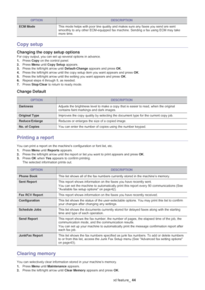 Page 45Machine status and advanced feature_ 44
Copy setup
Changing the copy setup options
For copy output, you can set up several options in advance.
1.Press Copy on the control panel. 2.Press Menu until Copy Setup appears.
3.Press the left/right arrow until Default-Change appears and press OK.
4.Press the left/right arrow until the copy setup item you want appears and press OK.5.Press the left/right arrow until the setting you want appears and press OK.
6.Repeat steps 4 through 5, as needed.
7.Press Stop/Clear...