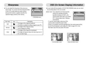 Page 35]34^
Sharpness
OSD (On Screen Display) information
ˆIdle mode : If you select the [LCD Save] and the
camera isnt operated during the
specified time(about 30 SEC.), the
camera power will be idle (LCD monitor :
OFF, Camera status lamp : Blinking)
automatically.
- To use the camera again, press any of the
camera buttons except the power button.
- If there is no operation during the specified time, the camera power will be
turned off automatically to save battery life. Refer to page 54 for more...