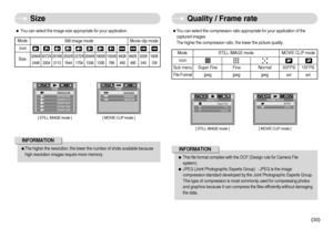 Page 34[ STILL IMAGE mode ]
QUALITY
Super Fine
Fine
Normal
[ MOVIE CLIP mode ]
FRAME RATE
30FPS
15FPS
ˆYou can select the compression ratio appropriate for your application of the
captured images.
The higher the compression ratio, the lower the picture quality.IconSub menu
Super Fine
Fine Normal 30FPS 15FPS
File Format
jpeg jpeg jpeg avi avi
STILL IMAGE mode
ModeMOVIE CLIP mode
ƒThis file format complies with the DCF (Design rule for Camera File
system).
ƒJPEG (Joint Photographic Experts Group)  : JPEG is...