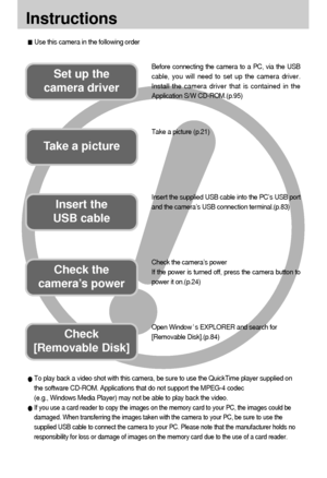 Page 22
Instructions
Use this camera in the following order
Insert the 
USB cable
Set up the 
camera driverBefore connecting the camera to a PC, via the USB
cable, you will need to set up the camera driver.
Install the camera driver that is contained in the
Application S/W CD-ROM.(p.95)
Take a picture (p.21)
Insert the supplied USB cable into the PC’s USB port
and the camera’s USB connection terminal.(p.83)
Check the camera’s power
If the power is turned off, press the camera button to
power it on.(p.24) 
Take...
