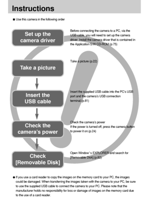 Page 22
Instructions
Use this camera in the following order
Insert the 
USB cable
Set up the 
camera driverBefore connecting the camera to a PC, via the
USB cable, you will need to set up the camera
driver. Install the camera driver that is contained in
the Application S/W CD-ROM.(p.75)
Take a picture (p.22)
Insert the supplied USB cable into the PC’s USB
port and the camera’s USB connection
terminal.(p.81)
Check the camera’s power
If the power is turned off, press the camera button
to power it on.(p.24) 
Take...