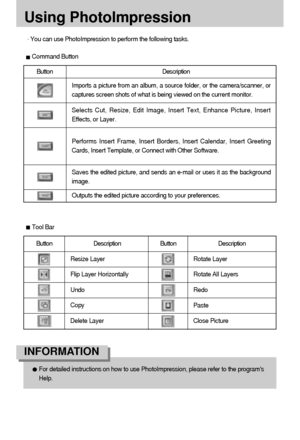 Page 128128
Using PhotoImpression
You can use PhotoImpression to perform the following tasks.
Command Button
Button Description
Imports a picture from an album, a source folder, or the camera/scanner, or
captures screen shots of what is being viewed on the current monitor.
Selects Cut, Resize, Edit Image, Insert Text, Enhance Picture, Insert
Effects, or Layer.
Performs Insert Frame, Insert Borders, Insert Calendar, Insert Greeting
Cards, Insert Template, or Connect with Other Software.
Saves the edited picture,...