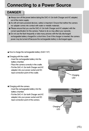 Page 1515
Connecting to a Power Source
Charging with the camera
- Insert the rechargeable battery into the
battery chamber. 
- Put the SAC-41 (for both Charger and AC
adapter) into your power socket and DC
input connection point of the camera.
Always turn off the power before taking the SAC-41 (for both Charger and AC adapter)
out of the mains supply.
As with all mains powered devices, safety is important. Ensure that neither the camera
nor adapter comes into contact with water or metallic materials.
Please...