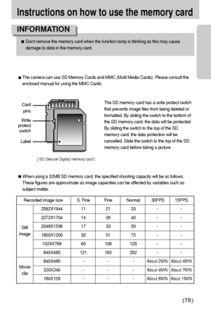 Page 1919
Instructions on how to use the memory card
Dont remove the memory card when the function lamp is blinking as this may cause
damage to data in the memory card.
INFORMATION
[ SD (Secure Digital) memory card ]
Write
protect
switch
Label
Card
pins
The camera can use SD Memory Cards and MMC (Multi Media Cards). Please consult the
enclosed manual for using the MMC Cards.
The SD memory card has a write protect switch
that prevents image files from being deleted or
formatted. By sliding the switch to the...