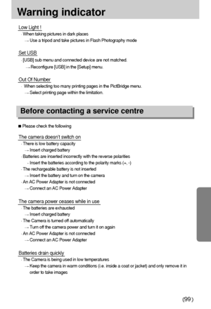 Page 9999
Warning indicator
Please check the following
Before contacting a service centre
Low Light !
When taking pictures in dark places
Use a tripod and take pictures in Flash Photography mode
Set USB
[USB] sub menu and connected device are not matched.
Reconfigure [USB] in the [Setup] menu. 
Out Of Number
When selecting too many printing pages in the PictBridge menu. 
Select printing page within the limitation. 
The camera doesn’t switch on
There is low battery capacity
Insert charged battery
Batteries are...