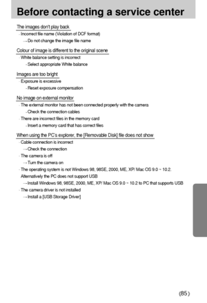 Page 8585
Before contacting a service center
The images dont play back
Incorrect file name (Violation of DCF format)
Do not change the image file name
Colour of image is different to the original scene 
White balance setting is incorrect
Select appropriate White balance
Images are too bright
Exposure is excessive
Reset exposure compensation
No image on external monitor
The external monitor has not been connected properly with the camera
Check the connection cables
There are incorrect files in the memory card...