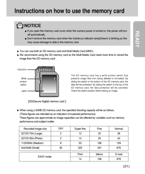 Page 21READY
21
Instructions on how to use the memory card
NOTICE
If you open the memory card cover when the camera power is turned on, the power will turn
off automatically.
Don’t remove the memory card when the Autofocus indicator lamp(Green) is blinking as this
may cause damage to data in the memory card.
You can use both an SD memory card and Multi Media Card (MMC).
We recommend using the SD memory card as the Multi-Media Card need more time to stored the
image than the SD memory card.
When using a 32MB SD...