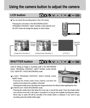 Page 3232
Using the camera button to adjust the camera
You can check the recording status in the LCD monitor.
Image & full information 
Pressing the 
LCD buttonPressing the 
LCD buttonPressing the 
LCD button
Image & basic information LCD off 
Pressing the LCD button in the RECORDING (EASY,
PROGRAM, PORTRAIT, NIGHT SCENE, A/S/M, MOVIE CLIP,
My SET) mode will change the display as shown below.
Used for taking an image or recording audio in the RECORDING
(EASY, PROGRAM, PORTRAIT, NIGHT SCENE, A/S/M, MOVIE
CLIP,...