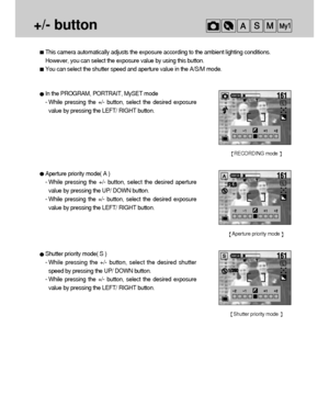 Page 4444
+/- button 
This camera automatically adjusts the exposure according to the ambient lighting conditions.
However, you can select the exposure value by using this button.
You can select the shutter speed and aperture value in the A/S/M mode.
In the PROGRAM, PORTRAIT, MySET mode
- While pressing the +/- button, select the desired exposure
value by pressing the LEFT/ RIGHT button.
Aperture priority mode( A )
- While pressing the +/- button, select the desired aperture
value by pressing the UP/ DOWN...