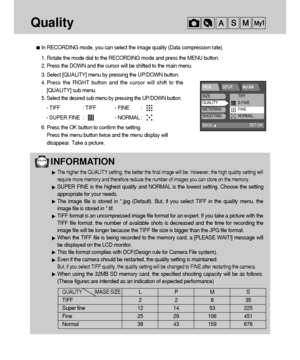 Page 5050
Quality
In RECORDING mode, you can select the image quality (Data compression rate).
INFORMATION
The higher the QUALITY setting, the better the final image will be. However, the high quality setting will
require more memory and therefore reduce the number of images you can store on the memory.
SUPER FINE is the highest quality and NORMAL is the lowest setting. Choose the setting
appropriate for your needs.
The image file is stored in *.jpg (Default). But, if you select TIFF in the quality menu, the...